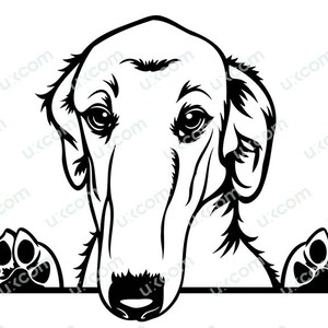 May include: Black and white illustration of a dog's head peeking over a surface, with paws on either side. The dog has a long snout and floppy ears.