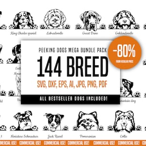 Perros asomando todo el paquete de tienda 144 razas paquete svg Perros comerciales asomando patas Logo SVG PNG EPS dxf Clipart Vector Cricut Cut Cutting File
