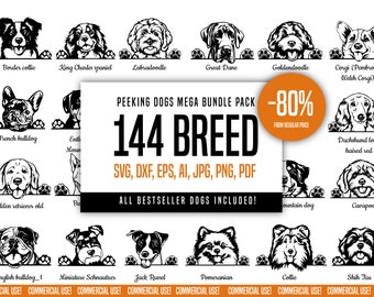Peeking dogs whole Shop bundle 144 breeds pack svg Commercial dogs peeking paws Logo SVG PNG EPS dxf Clipart Vector Cricut Cut Cutting File