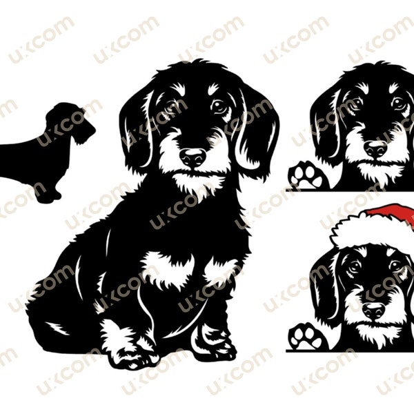 Teckel SVG Noël chapeau de Père Noël fil poil teckel bundle ensemble doxie Race commerciale Logo vinyle coupé fichier DXF . PNG Clipart Vector Cricut