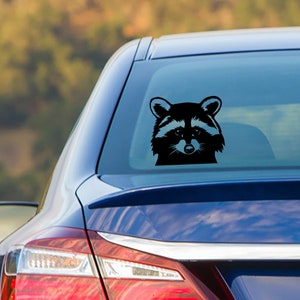 May include: A black silhouette of a raccoon's face is displayed on the rear window of a blue car. The raccoon's eyes are closed and its nose is visible.