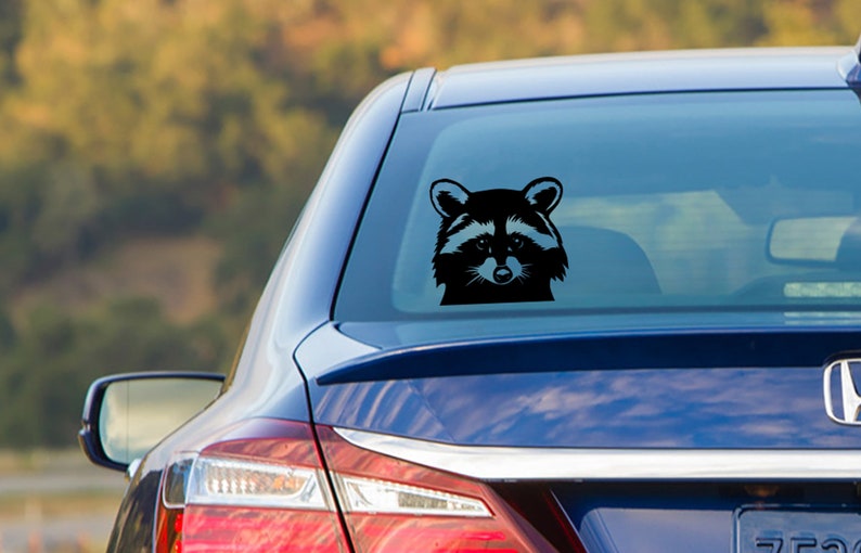 May include: A black silhouette of a raccoon's face is displayed on the rear window of a blue car. The raccoon's eyes are closed and its nose is visible.