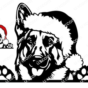 May include: Black and white German Shepherd dog design wearing a red Santa hat. The dog's face and paws are featured in a festive holiday illustration. The design is suitable for Christmas decorations or gifts.