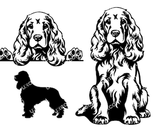 May include: Black and white silhouette and line art illustration of a Cocker Spaniel dog. The dog is shown in two poses, one sitting and one looking over a surface.