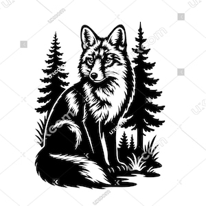 May include: Black and white illustration of a fox sitting in front of pine trees. The fox is detailed with fur texture and has a focused expression. The artwork is a nature-themed design.
