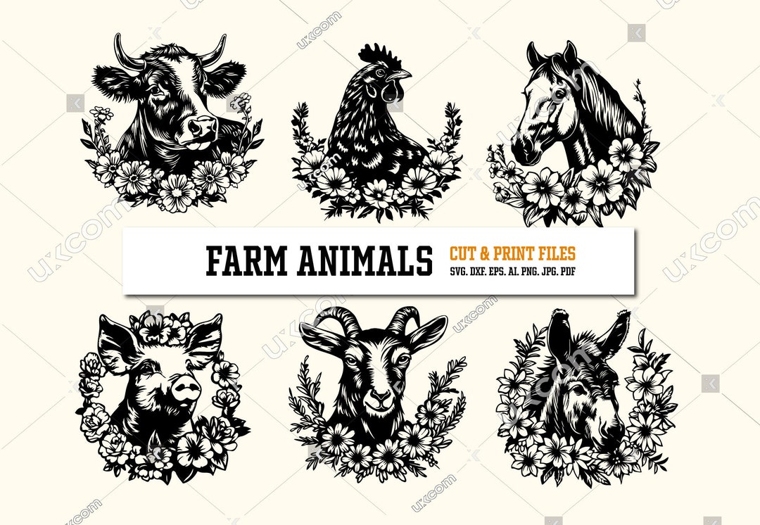 Farm Animals Set Bundle With Flowers Farm Svg Cow Hen Horse Donkey Pig ...