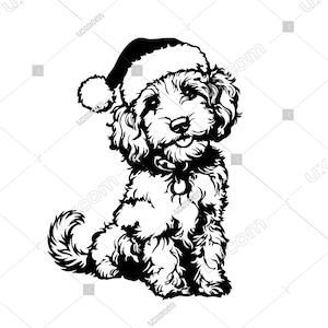 May include: A black and white illustration of a dog wearing a Santa hat. The dog is seated with fluffy fur and a small collar. The Santa hat has a white pom-pom and a black brim. The dog is smiling.