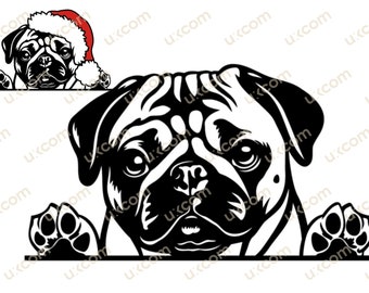 Könnte beinhalten: Eine Schwarzweißillustration eines Mops, der mit seinen Pfoten auf einer Oberfläche über diese schaut. Der Mops trägt eine Weihnachtsmütze.