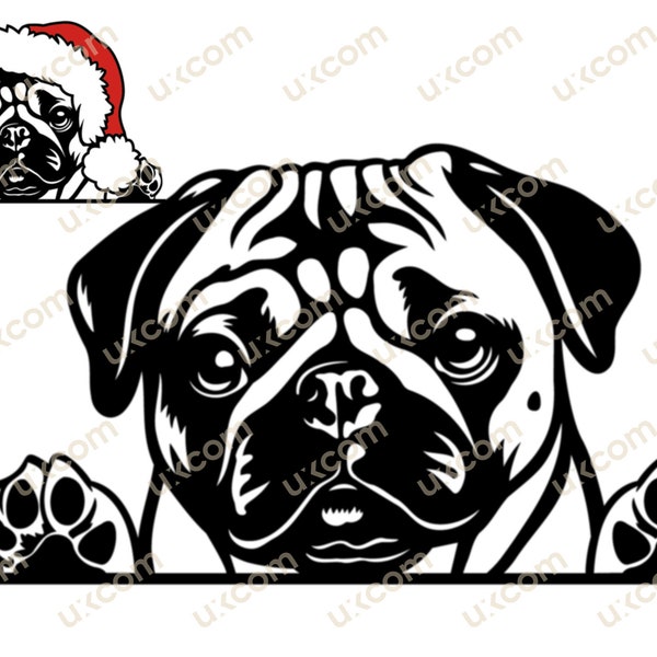 Pug Peeking Dog Breed Commercial Pedigree Canine cute pug SVG cricut santa hat christmas dxf PNG EPS Clipart Vector Cricut Cut Cutting