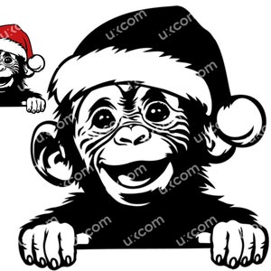 May include: A black and white illustration of a chimpanzee wearing a Santa hat, smiling and holding a blank sign. A smaller version of the same image is in the upper left corner. The image is a vector graphic.