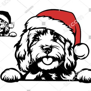 May include: A black and white illustration of a dog wearing a Santa hat. The dog is smiling with its tongue out and paws resting on a horizontal line. A smaller version of the dog is in the upper left corner.