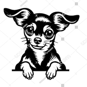 Peut inclure: Illustration en noir et blanc d'un petit chien avec de grandes oreilles et de grands yeux. Le chien sourit et regarde le spectateur. Le chien regarde par-dessus une surface blanche.