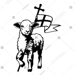 May include: A black and white illustration of a lamb carrying a cross with a banner. The lamb is standing on its hind legs and holding the cross in its front legs. The banner has a cross on it.