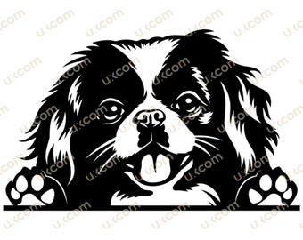May include: Black and white illustration of a Pekingese dog peeking over a surface with its paws visible. The dog has a happy expression with its tongue sticking out.