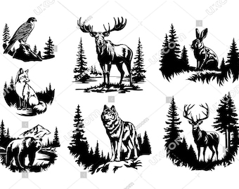 Animales del bosque paquete svg cricut conjunto comercial alce svg ciervo svg zorro lobo svg conejo halcón oso SVG DXF Eps vinilo clipart animales camiseta