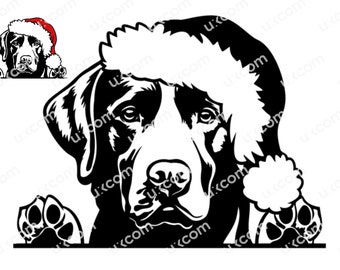Puede incluir: Gráfico en blanco y negro de un perro con un gorro de Papá Noel. Las patas del perro son visibles en la parte inferior, y una versión más pequeña de la imagen está en la esquina superior izquierda.