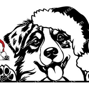 May include: Black and white graphic of a dog wearing a Santa hat, with paws at the bottom. A smaller version of the dog with a Santa hat is in the upper left corner. The dog has its tongue sticking out.