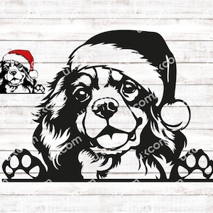 Puede incluir: Ilustración en blanco y negro de un perro con un gorro de Papá Noel. Se ven las patas del perro, y parece estar mirando por encima de un borde. Una versión más pequeña del perro con un gorro de Papá Noel rojo está en la esquina superior izquierda.