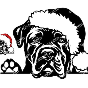May include: A black and white graphic of a dog wearing a Santa hat. The dog's face is the focal point, with a smaller version of the image in the upper left corner. The dog's paw is visible at the bottom.
