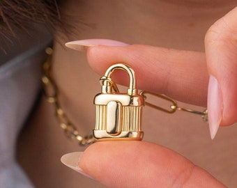 14k Solid Gold Lock Pendant, Unique Pendant Necklace, Collapsible Pendant, Love Lock Necklace, Gift for Her, Friendship Pendant, Lock Charm