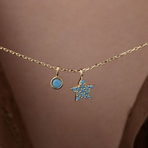 14k Solid Gold Necklace, Gold Star Necklace, Turquoise-Colored Star Pendant, 14k Gold Star Pendant, Turquoise Star Charm, Gift for Her