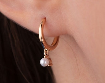 Pearl Hoop Earring, Pearl Drop Earring, 14k Solid Rose Gold Earring, Small Hoop, Huggie Hoop, Dangle Pearl Earring, Bridesmaid Gifts