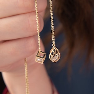 14k Solid Gold Cube And Drop Cage Pendant Necklace, Cage Charm, Dainty, Minimalist Teardrop, Unique Gift for Her, Anniversary Gift