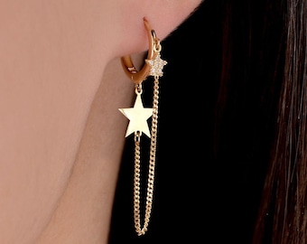 Star Hoop Earring with Chain, 14k Solid Gold Earring, Chain Huggie Hoop, Chain Hoop with Star, Zircon Earring for Women,Valentine's Day Gift
