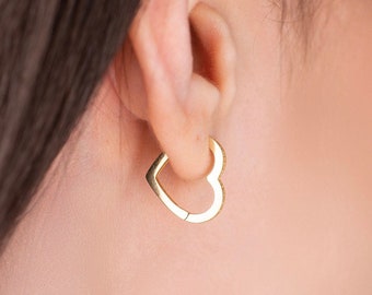 14k Solid Gold Heart Hoop Earring, Heart Shaped Earring, Heart Huggie Earring, Dainty Heart Earring, Unique Earring, Love Hoop, Gift for Her