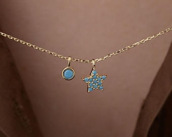 14k Solid Gold Necklace, Gold Star Necklace, Turquoise-Colored Star Pendant, 14k Gold Star Pendant, Turquoise Star Charm, Gift for Her