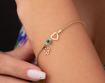 14K Gold Charm Bracelet, Minimalist Evil Eye Bracelet, Mini Charm Bracelet, Gift for Her, Box Chain Bracelet, Birthday Gift, Heart Charm