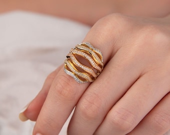 14k Solid Gold Ring, Gold Bold Ring, Big Dome Ring, Chunky Ring, Gold Unique Ring, Gift for Women, Unusual Ring, Multi-Row, Christmas gift