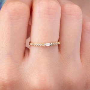 Dainty Baguette Ring, 14k Solid Gold Ring, Minimalist Ring, Horizontal Baguette Ring, Half-Eternity Wedding Bands Women, Christmas Gift