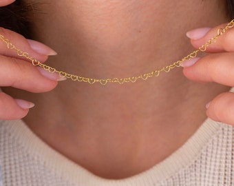 Collana con catena a cuore in oro, collana con catena in oro massiccio 14 carati, catena a maglie a cuore, catena unica, catena minimalista, delicata, per tutti i giorni, impilabile