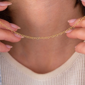 Gold Heart Chain Necklace, 14k Solid Gold Chain Necklace, Heart Link Chain, Unique Chain, Minimalist Chain, Dainty, Everyday, Stackable