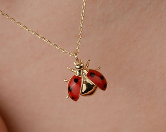 14k Solid Gold Enemal Ladybug Necklace, Beetle Pendant, Good Luck Charm, Ladybird Jewelry, Gift for Her, Cute, Minimalist, Christmas Gift