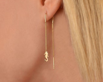 14k Solid Gold Earring / Gold Threader Earring / Seahorse Earring / Animal Gold Earring / Sea Animal Earring / Animal Lover Gift