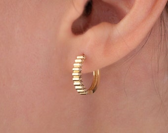 14k Gold Hoop Earring, Ribbed Hoop Earring, Gold Unique Earring, Gift for Women, Huggie Hoop, Birthday Gift, Ridged Hoop, Half Eternity Hoop