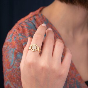 Gold Unique Ring, 14k Solid Gold Ring, Gold Watch Ring, Unusual Gift for Women, Gold Bold Ring, Hexagon Ring, Unique Gift, Christmas Gift image 2