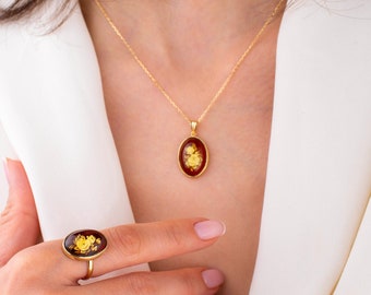 14k Solid Gold Amber Rose Cameo Necklace, Natural Intaglio Oval Pendant, Hand Carved Flower, Real Amber Jewelry, Unique Christmas Gift