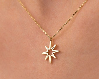 14k Solid Gold North Star Necklace, Dainty Vermeil Star Pendant, Starburst, Minimalist Pole Star Necklace, Anniversary Gift, Christmas Gift