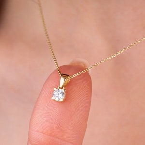 14k Solid Gold Round Cut Solitaire Necklace, 4 Prong Solitaire Minimalist Pendant, Delicate Charm, Gift for Her, Stackable, Christmas Gift