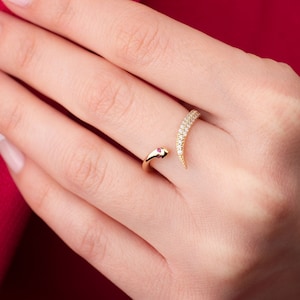 14k Gold Snake Ring, 14k Solid Gold Ring, Serpent Ring, Open Snake Ring, Wraparound Ring, Gift for Her, Pink Eye Snake Ring, Christmas Gift