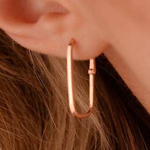 14k Solid Gold Earring, Rectangle Hoop Earring, Minimalist, Geometric, Oblong Hoops, Dainty, Everyday Earring, Stylish, Christmas Gift