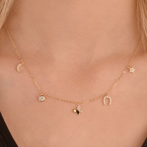 Multiple Charm Necklace, 14k Gold Necklace with Charm, Mixed Charm, Moon and Star, Horse Shoe, Lucky Charm, Valentine&#39;s Day, Birthdays Gift