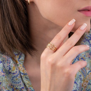 Victorian Style Ring, 14k Solid Gold Ring, Dome Ring, Gold Bold Ring, Unique Ring, Flower Dome Ring,Gift for Her,Nature Lover,Christmas Gift image 2