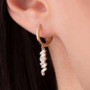 14k Gold Hoop Earring, Hoop with Dangle Earring, Baguette Hoop Dangle Earring, Hoop with Stone, Gift for Her, Huggie Hoop, Birthday Gift