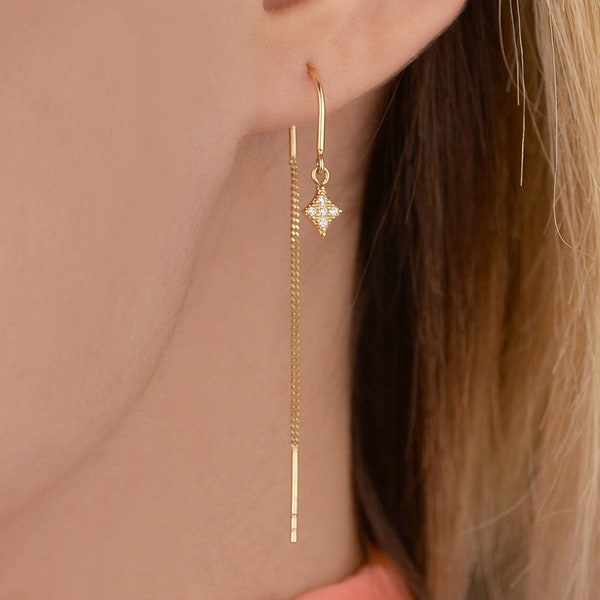 14k Solid Gold Earring, Rhombus Threader Earring, Minimalist Pole Star Threader, Dainty, Valentine's Day Gift, Romantic Gift, Mother's Day