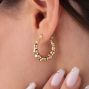 14k Gold Bamboo Hoop Earring, Bamboo Earring, Modern Hoop, Gift for Her, Dainty Earring, Birthday Gift, Gold Hoop Earring, Christmas Gift