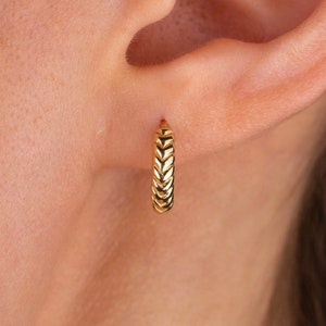 14k Solid Gold Twisted Mini Hoop Earring, Minimalist Croissant Earring, Dainty Hoop, Modern Huggie Earring, Christmas Gift for Her